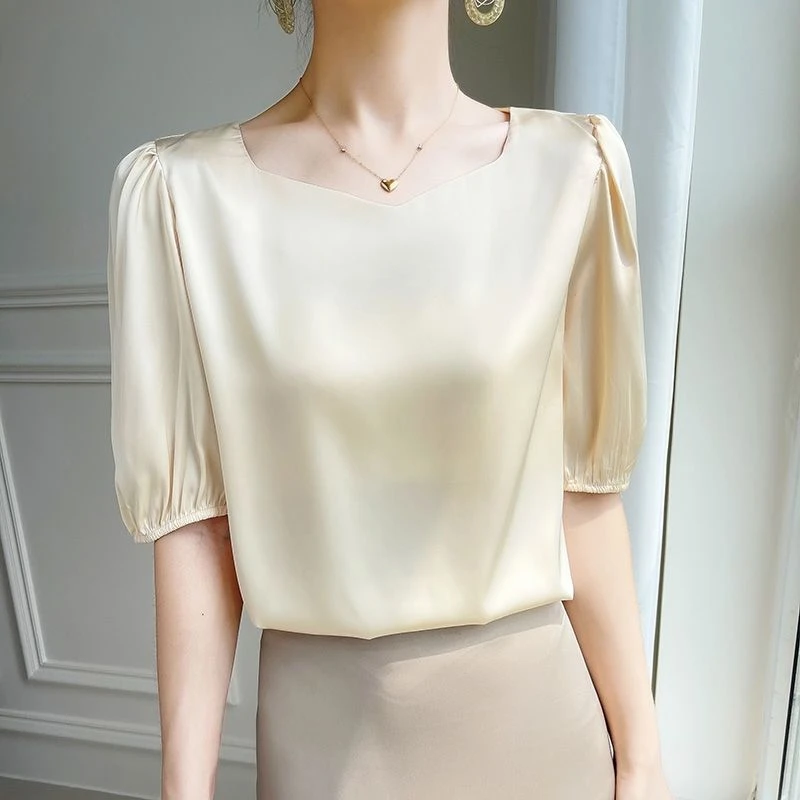 夏季时尚显瘦衬衫缎面甜美半袖气质圆领宽松短袖洋气上衣T恤女