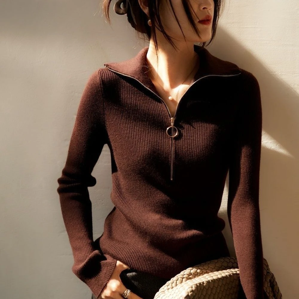 春秋洋气精纺羊毛衫薄款时尚针织衫修身翻领显瘦半开拉链毛衣女