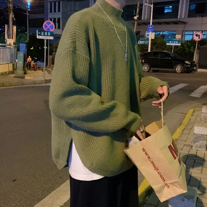 秋冬韩版慵懒风宽松开叉圆领毛衣男士港风纯色套头bf打底针织衫男