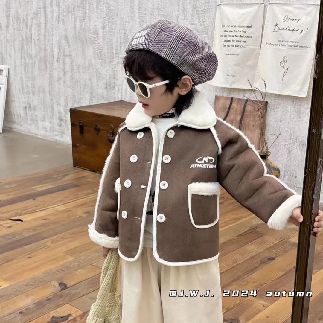 冬季加绒男童女童双排扣百搭时尚毛毛外套000011