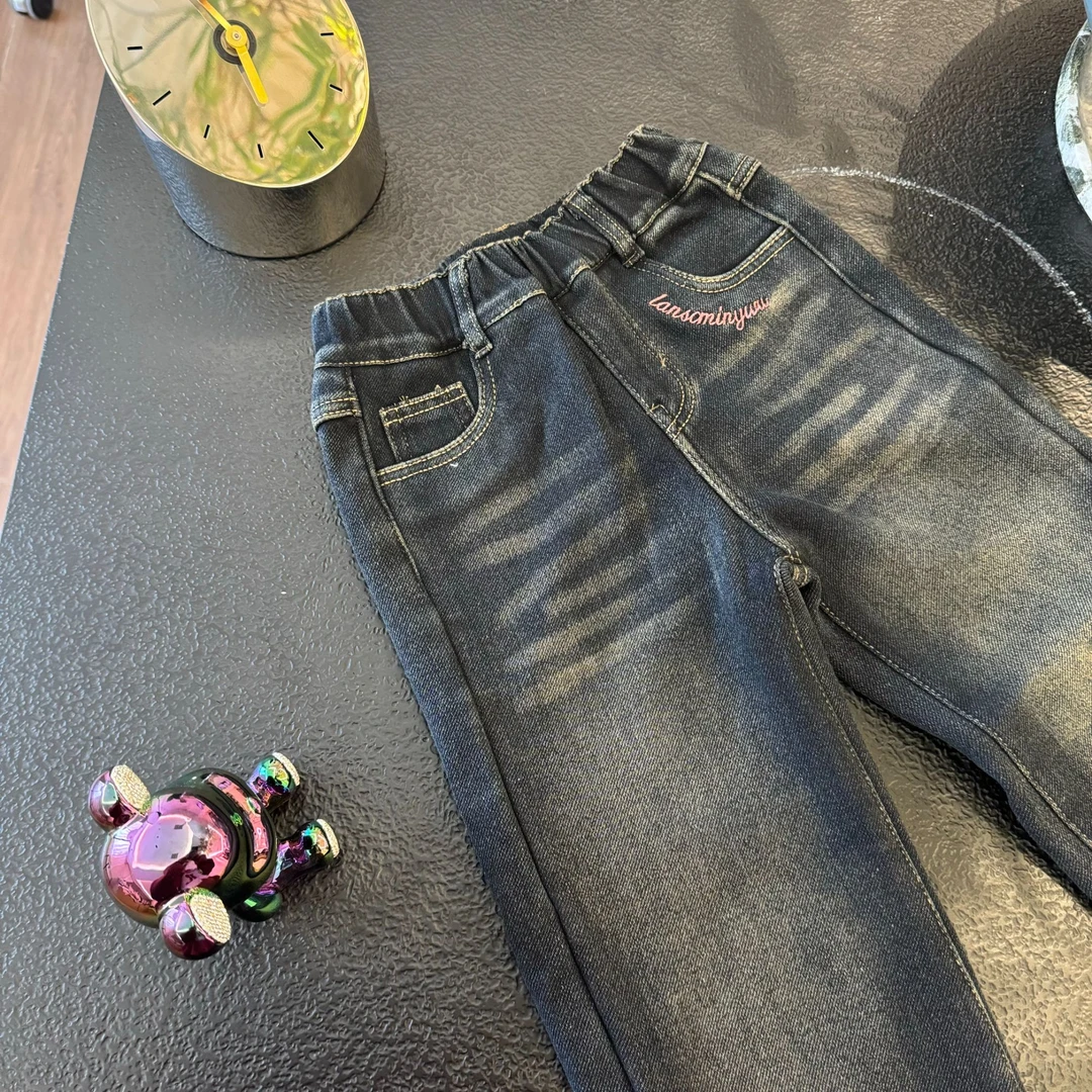 秋冬季加绒女童前兜后兜英文小刺绣休闲牛仔裤2202