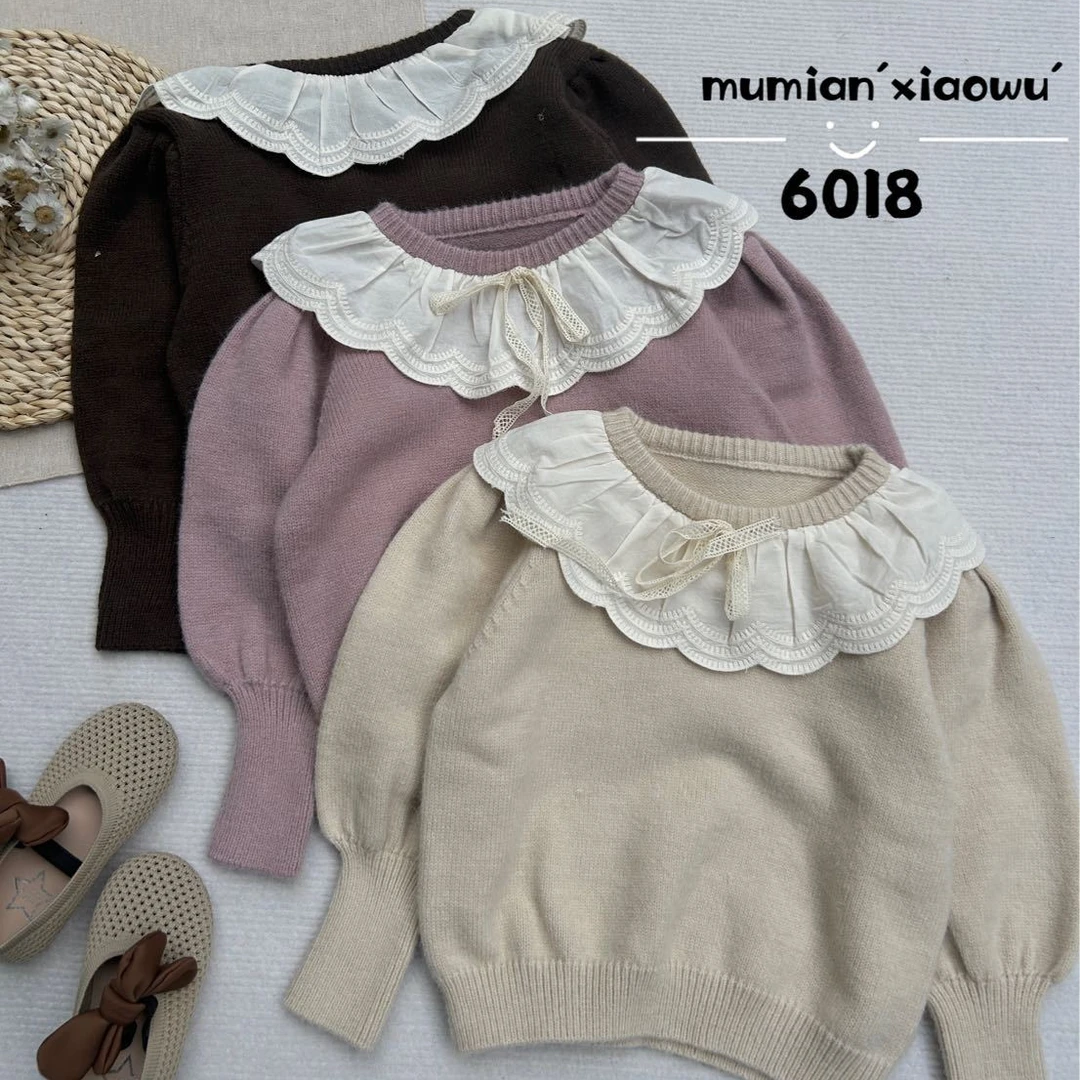 冬季女童纯色花边翻领蝴蝶结休闲毛衣6018