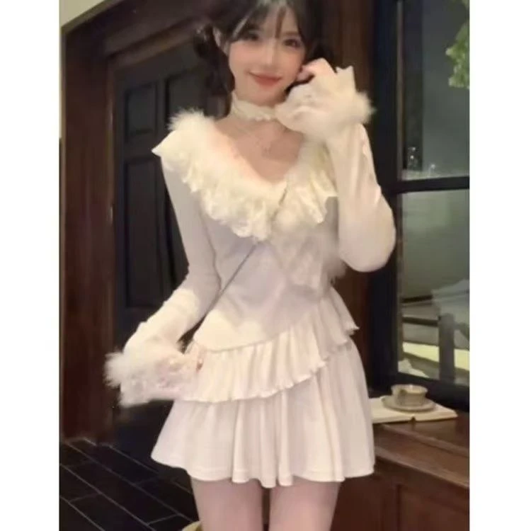 纯欲风套装女绝美蕾丝V领针织衫女秋冬新款甜美减龄收腰显瘦上衣