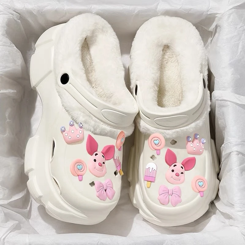 加绒洞洞鞋女外穿冬季2023新款厚底增高内胆保暖毛毛棉拖鞋女冬天