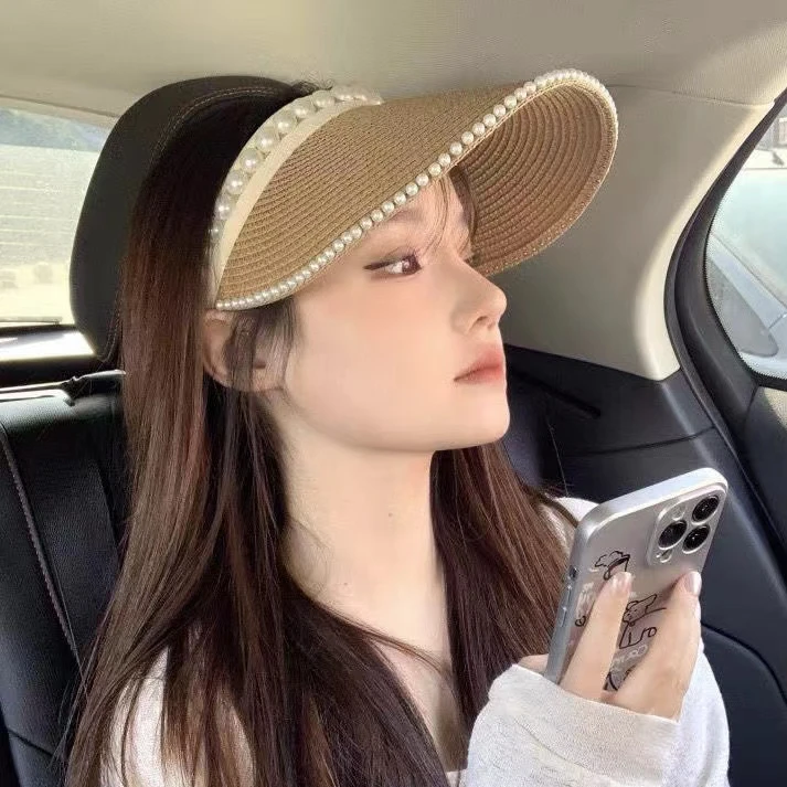 珍珠空顶帽子女沙滩帽夏防晒草帽遮阳帽小清新大檐无顶发箍太阳帽