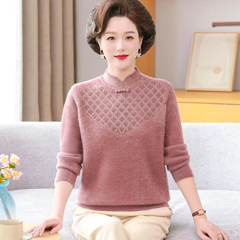 新款妈妈仿貂绒毛衣秋冬加厚保暖针织衫中老年时尚洋气水貂绒上衣