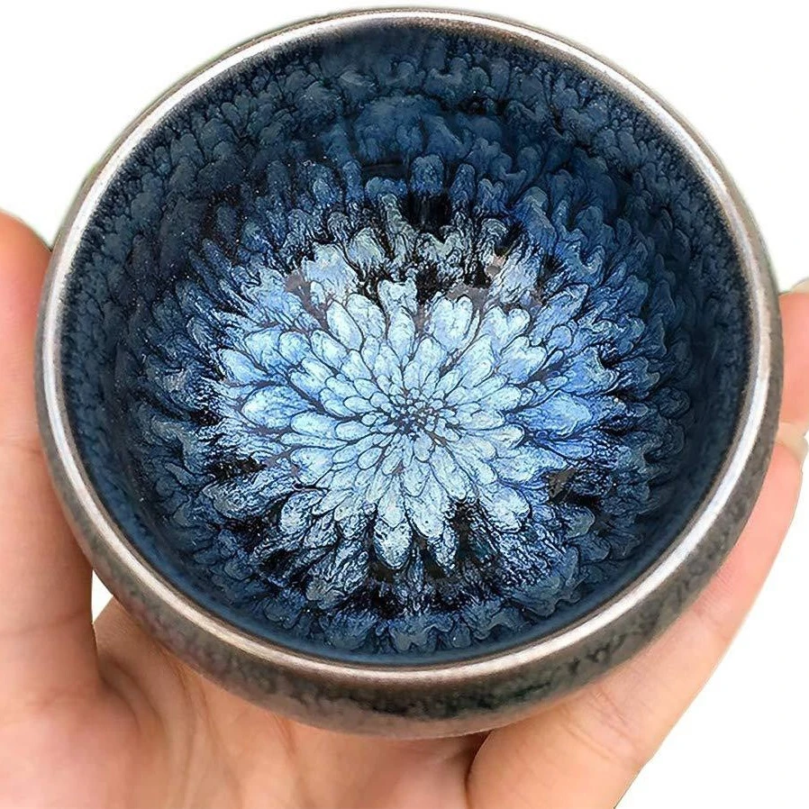 百花铁胎建盏功夫茶具套装喝茶个性主人杯正宗建盏黑底铁胎窑变盏