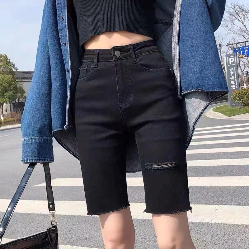 欧洲站2024夏季新款高腰黑牛仔中裤显瘦毛边直筒五分裤短裤女