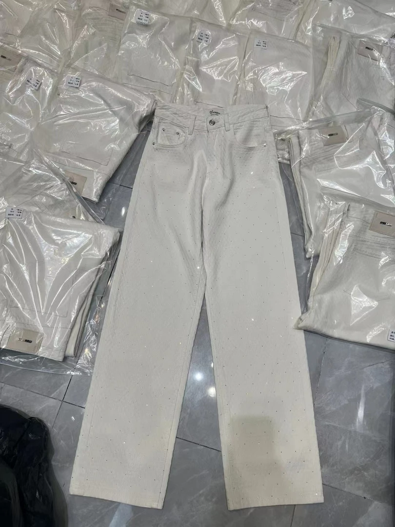 欧洲站南油欧货女轻奢时尚休闲直筒亮钻白色闪闪牛仔裤