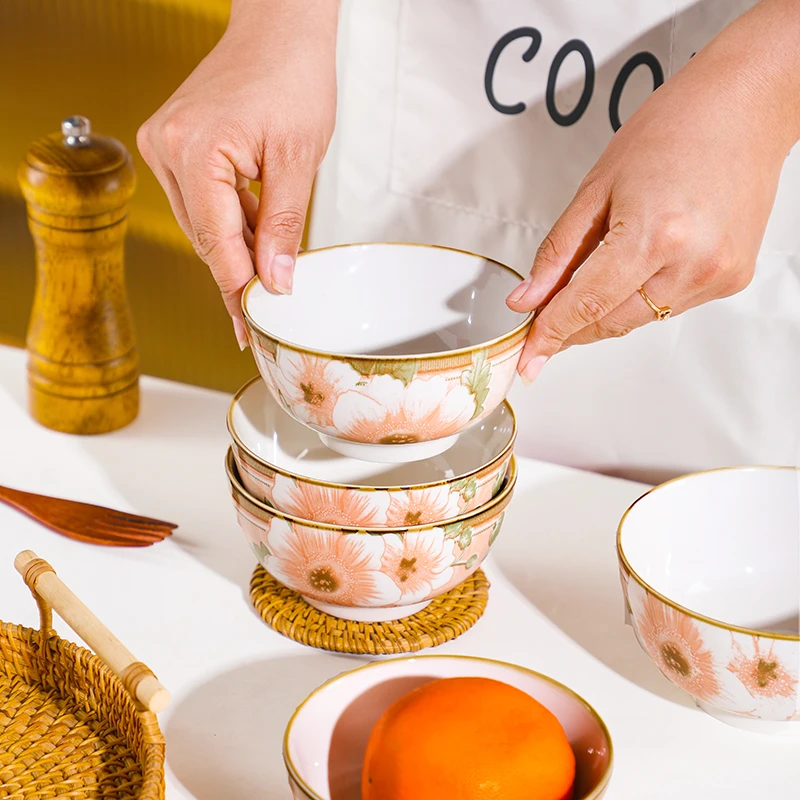 山茶花4.5英寸陶瓷米饭碗10个装碗高温釉下彩微波炉烤箱