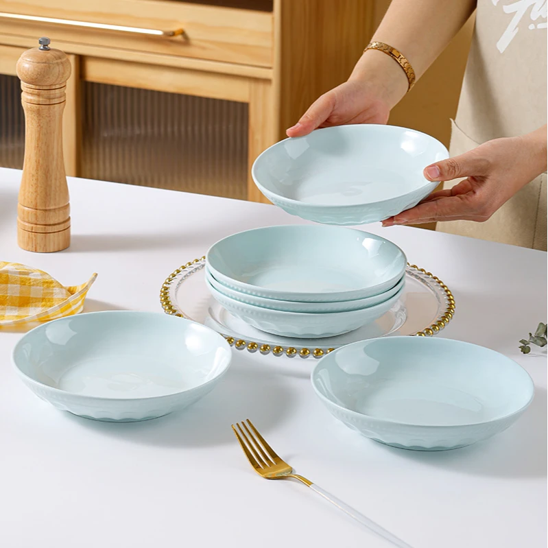 青瓷7英寸浮雕陶瓷盘子轻奢家用创意日式金边盘碟