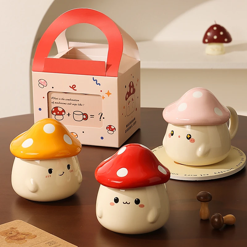 蘑菇杯可爱杯子家用喝水杯陶瓷女士高颜值马克杯带盖情侣杯伴手礼