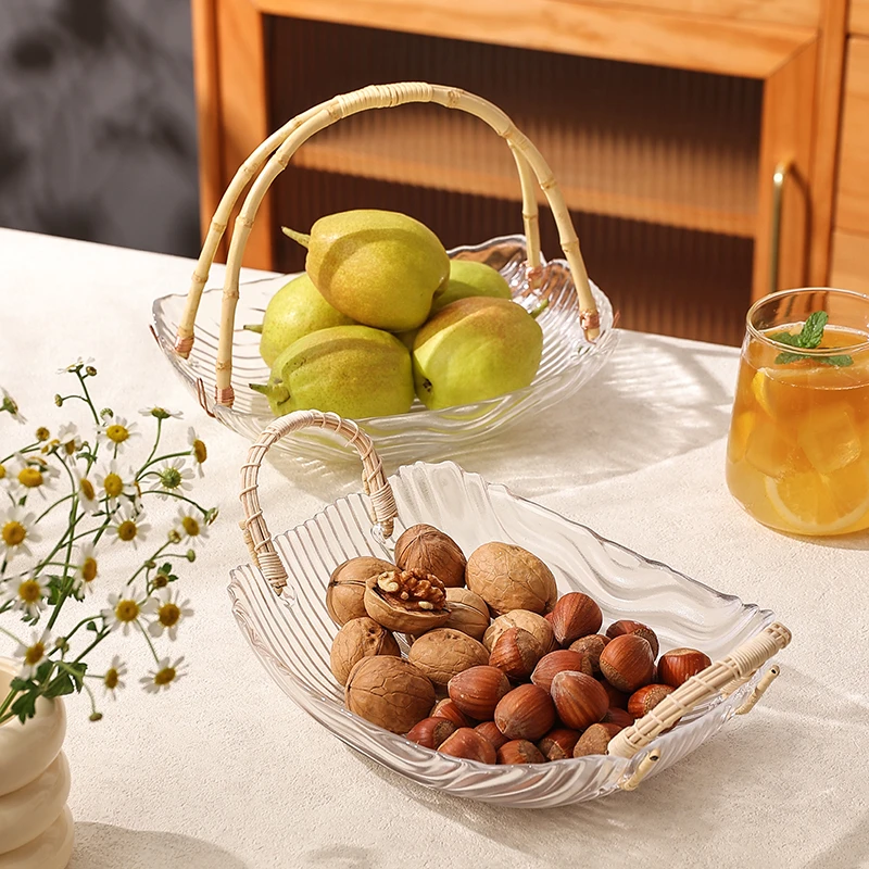 日式藤编玻璃盘水果盘客厅家用果篮下午茶点心零食盘高级感糖果盘