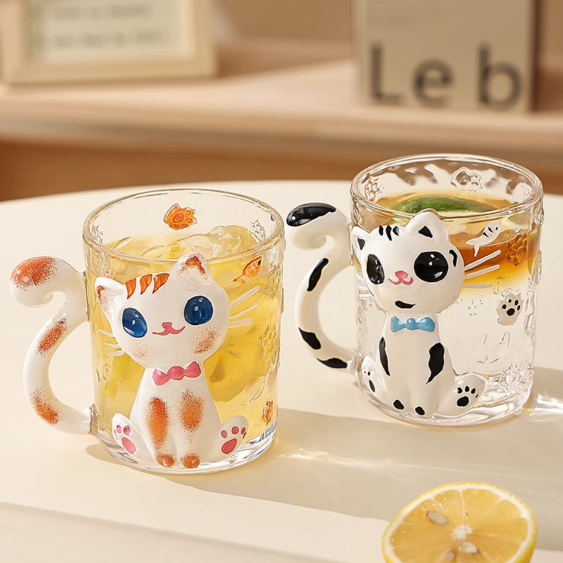 手绘猫咪杯子女生高颜值情侣杯咖啡玻璃杯带把手水杯礼盒生日礼物