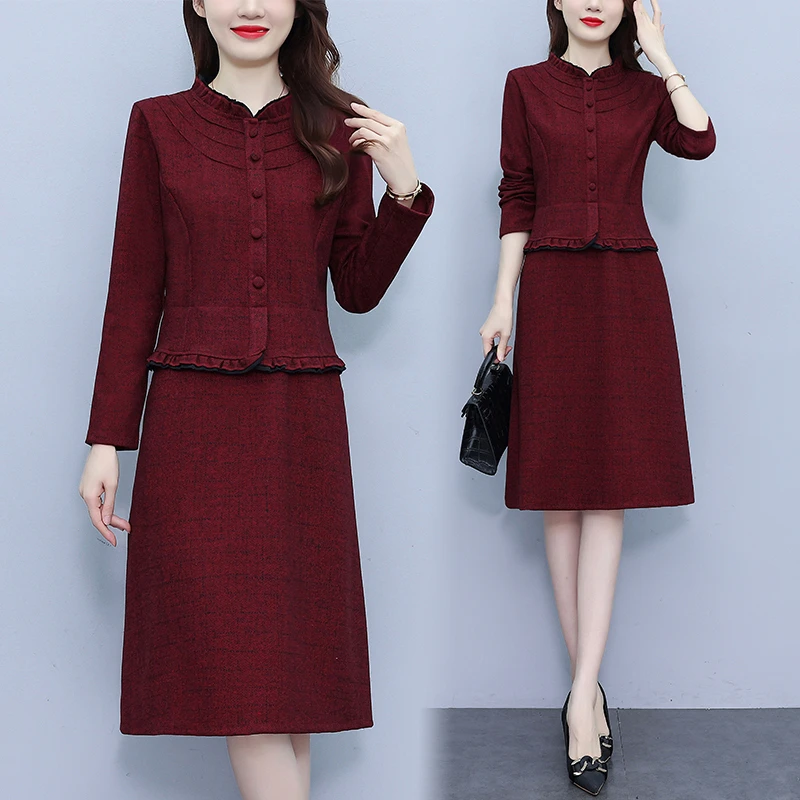 高端2024秋冬新款大码女装连衣裙磨毛精纺加厚显瘦遮肚中长款裙子