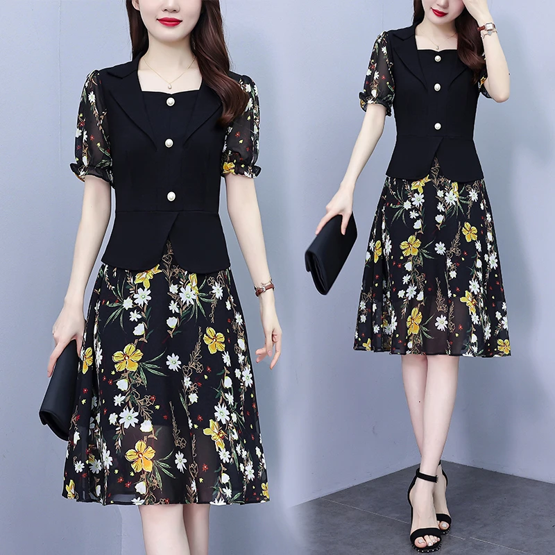 大码女装2025夏季新款胖mm西装领雪纺碎花拼接时尚遮肚显瘦连衣裙