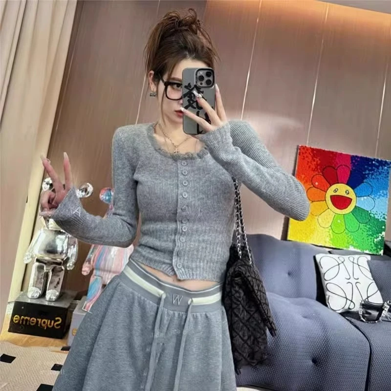 2025韩系秋冬新款厚蕾丝拼接针织衫修身显瘦打底衫开衫上衣H2-20