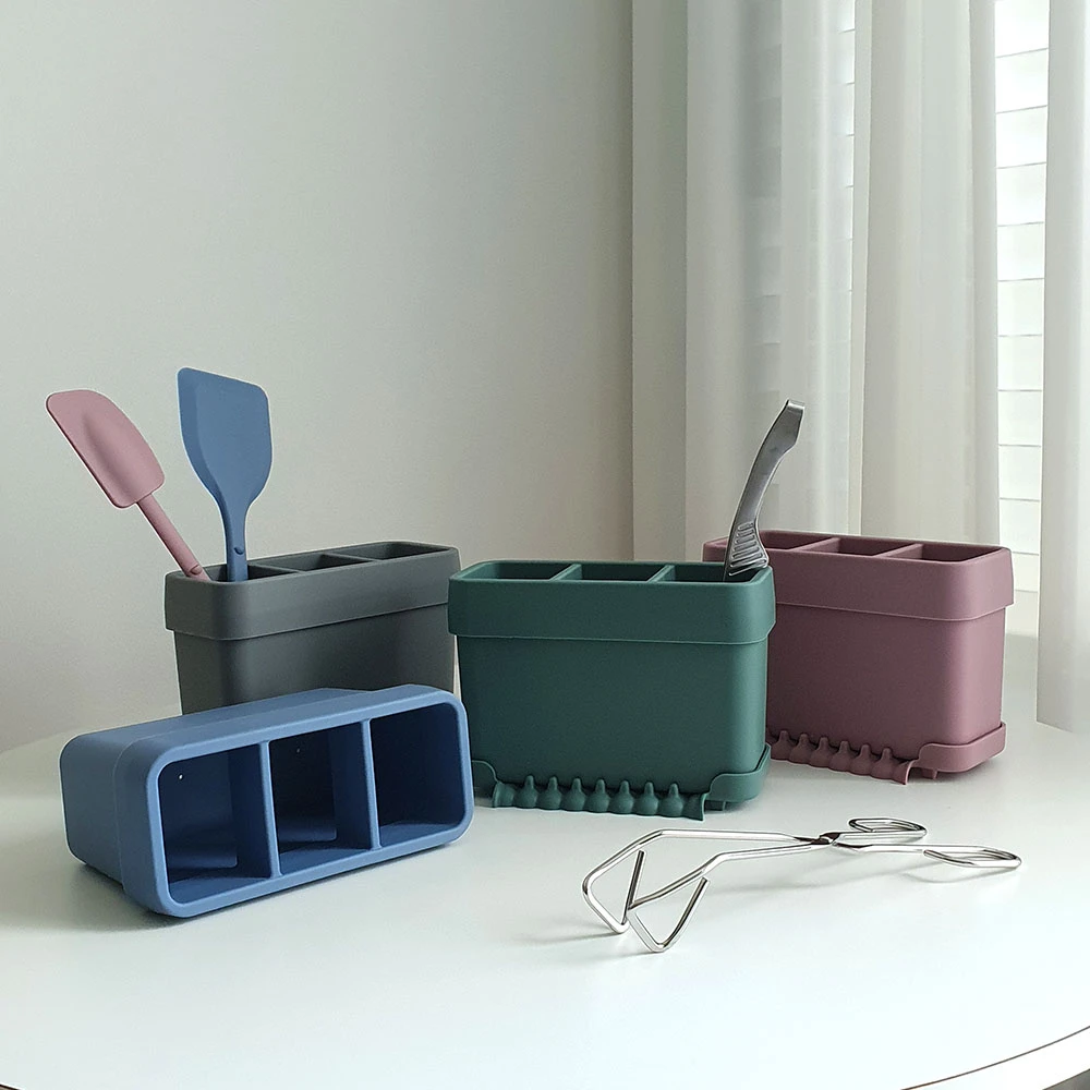 韩国原装进口-新款硅胶3口筷子桶有3种颜色家用沥水分格四格子