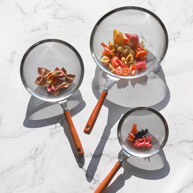 韩国原装进口-不锈钢圆形沥水滤网格实木手把3种大小