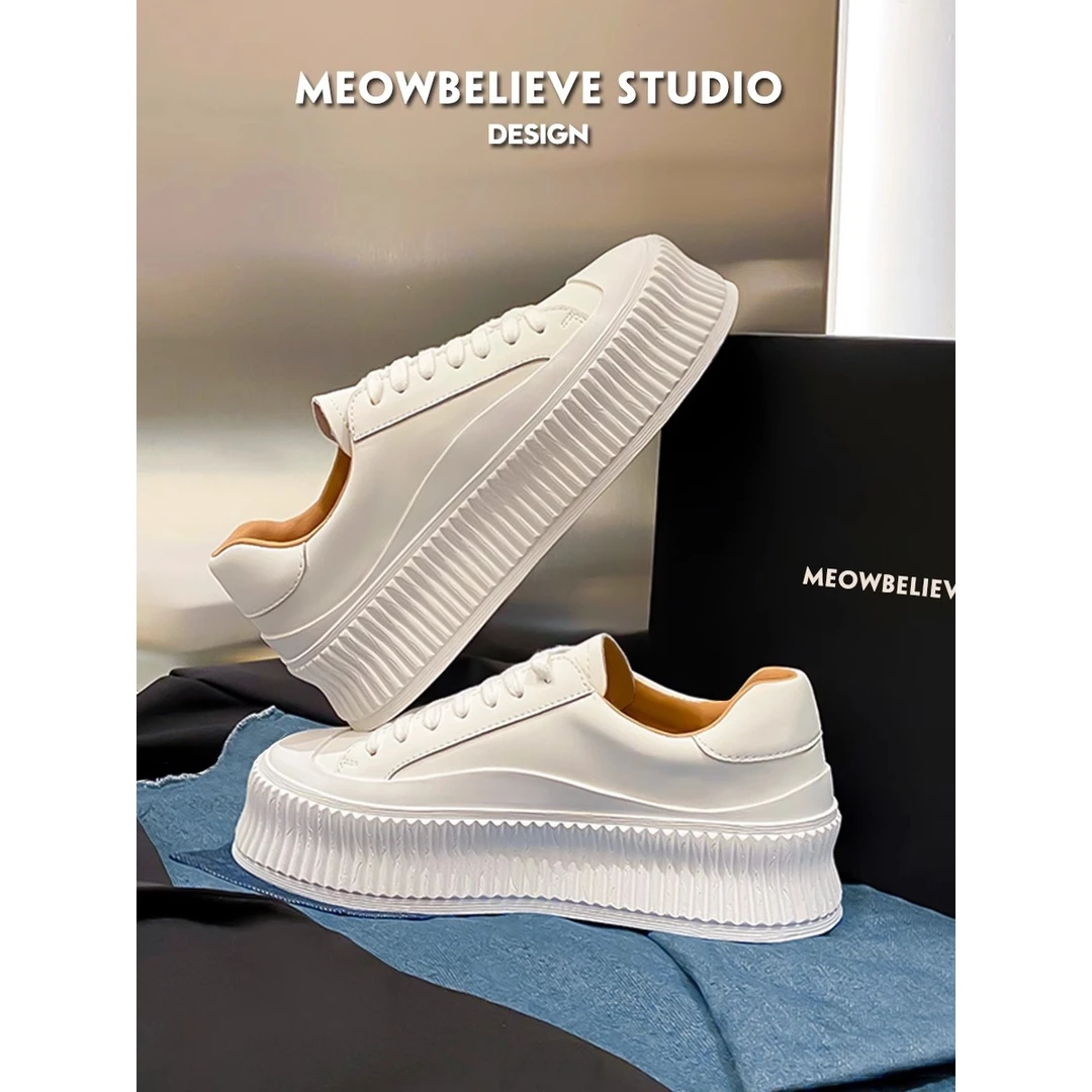 真皮厚底内小白鞋女2025年新款春季小个子百搭休闲板鞋饼干鞋耐穿