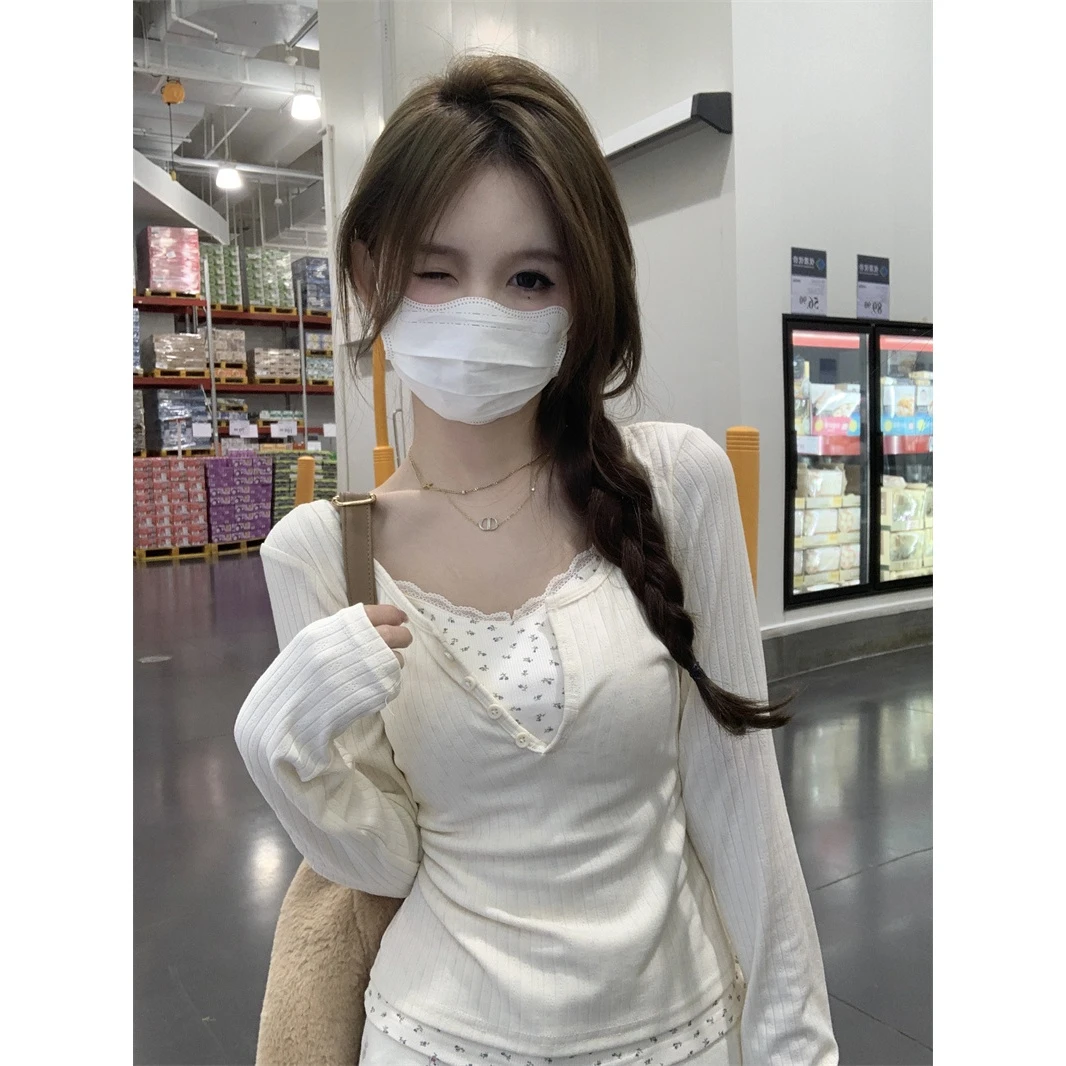 性感白色假两件长袖T恤2023秋冬新款设计感内搭打底衫别致上衣