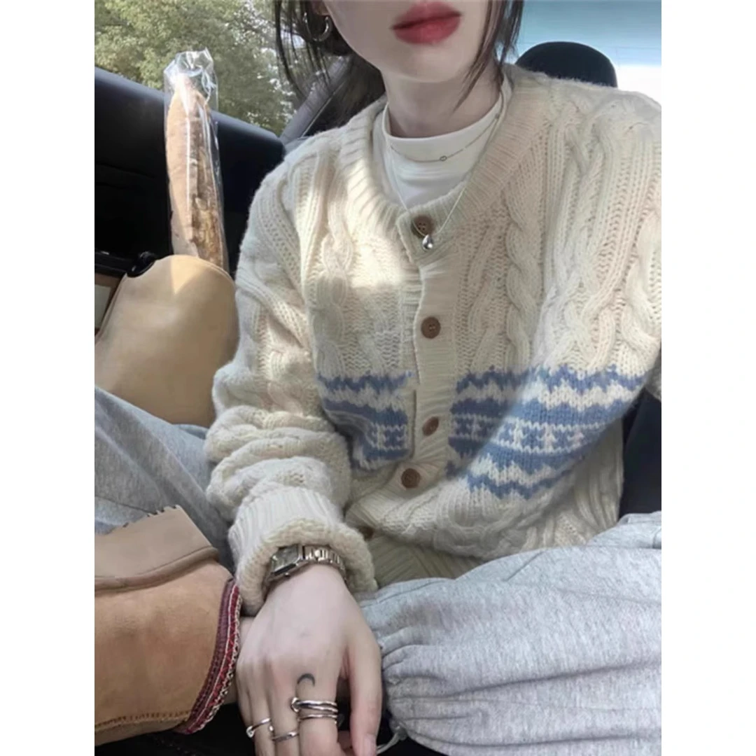 百搭秋冬奶呼呼软糯重工复古撞色日系慵懒风宽松麻花开衫毛衣女