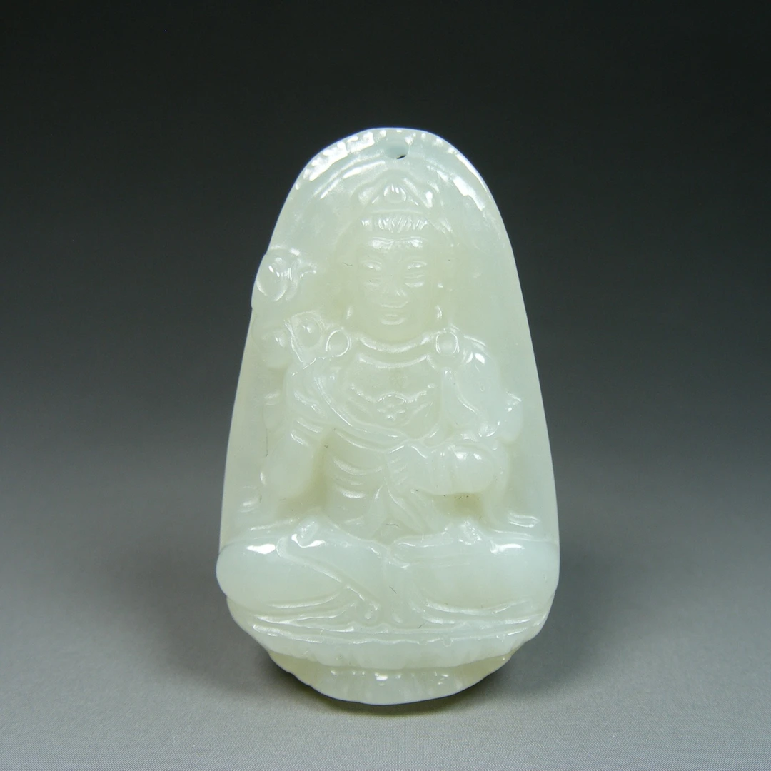 正宗和田白玉单面工浅浮雕带背光莲花观音椭圆小坠佩