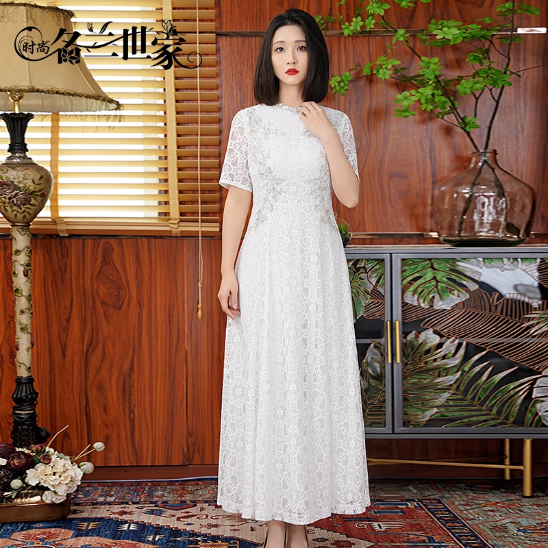 时尚名兰世家宴会妈妈礼服裙平时可穿喜婆婆婚宴装蕾丝连衣裙轻奢