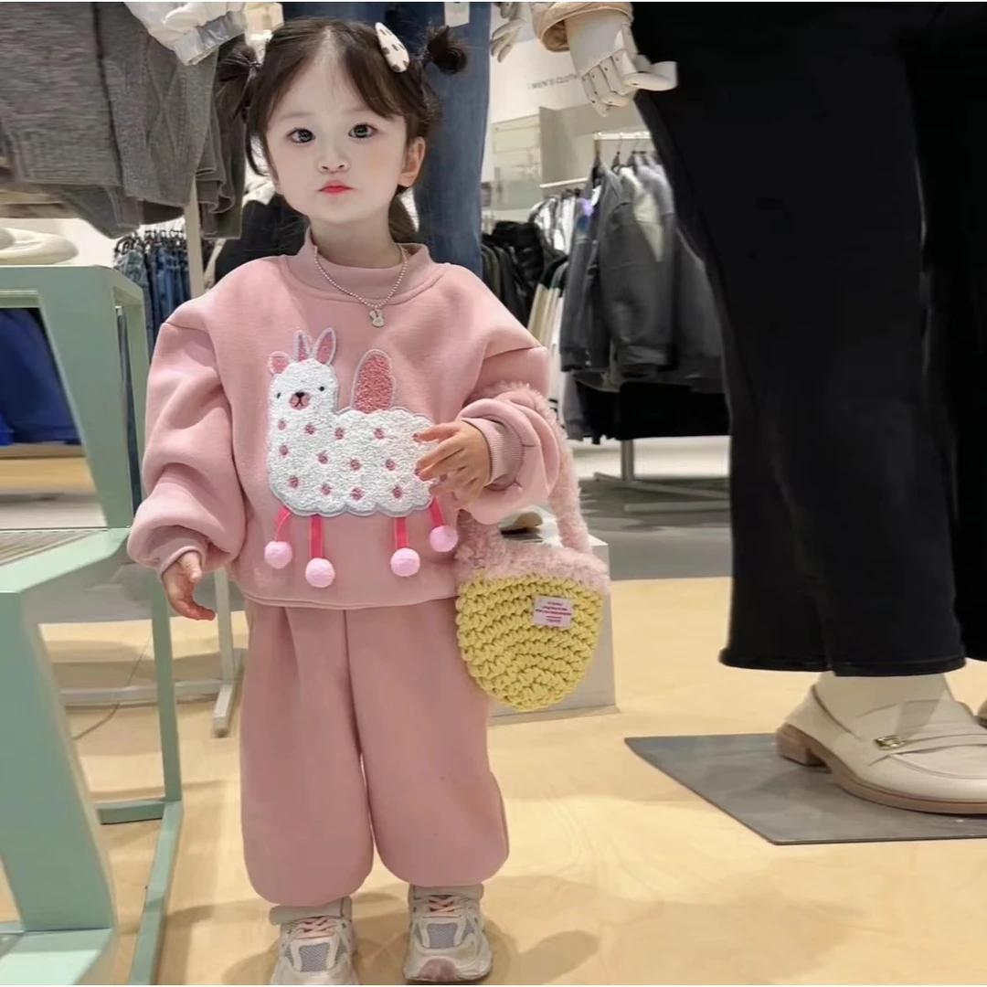 女童冬款韩版卡通加绒套装2025秋冬宝宝新款卫衣打底裤加厚两件套