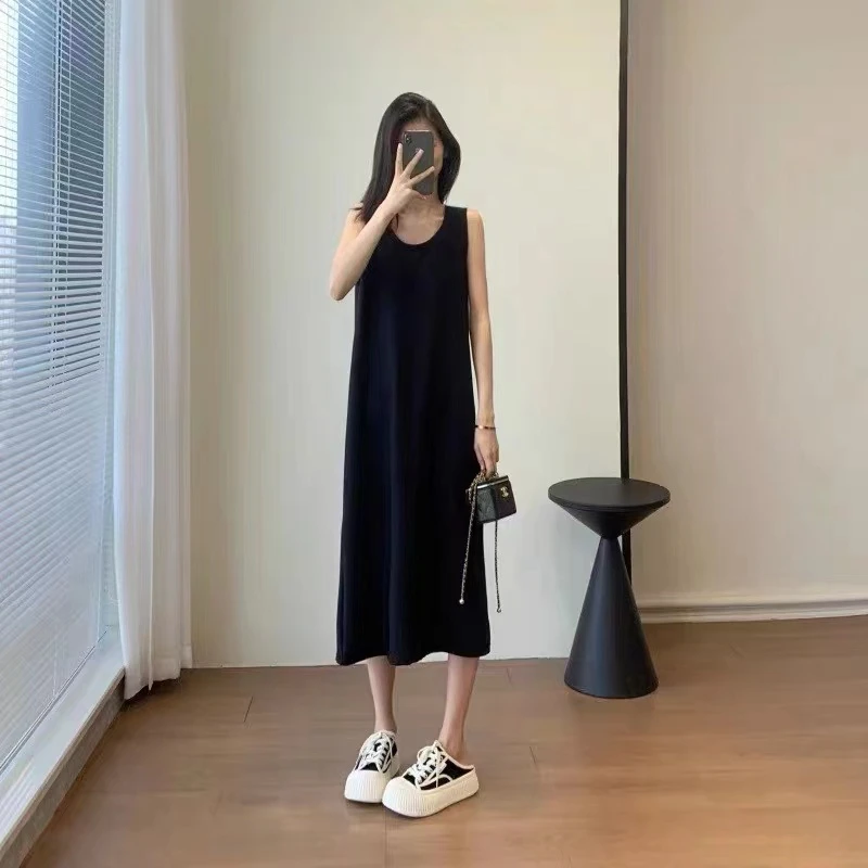 #8809#黑色无袖背心连衣裙女秋新款宽松遮肚显瘦中长款内搭打底裙