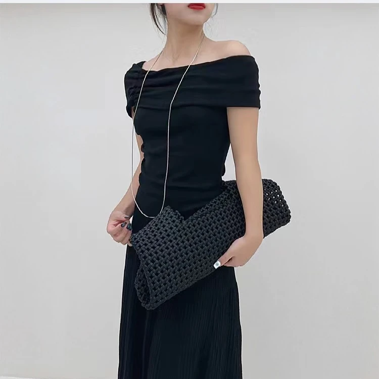 2024夏季气质纯欲风一字肩针织衫短袖t恤新款显瘦简约露肩上衣女