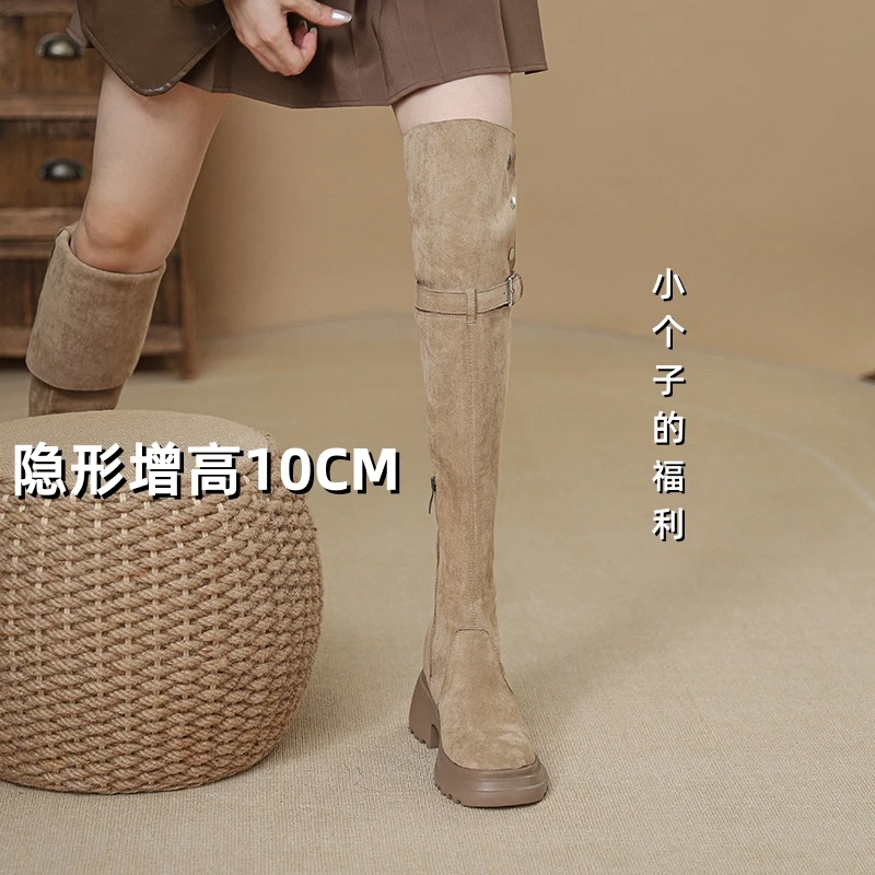 秋冬高跟女士两穿翻折厚底过膝靴小个子内增高长筒靴子加绒弹力靴