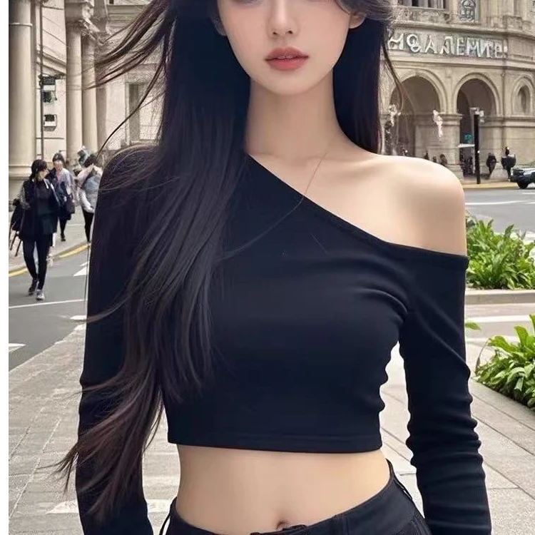 【770 -799】C纯欲风辣妹斜肩修身打底衫女设计感小众露脐短款上衣