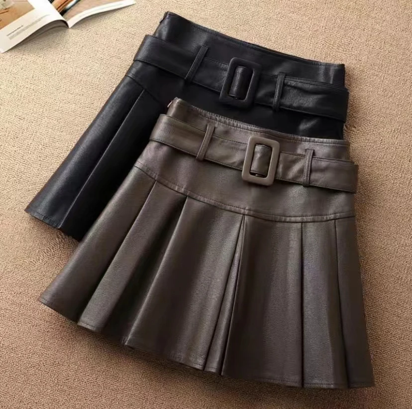 221时尚百搭女士短款显瘦2024秋冬新款小个子百褶皮裙A字高腰