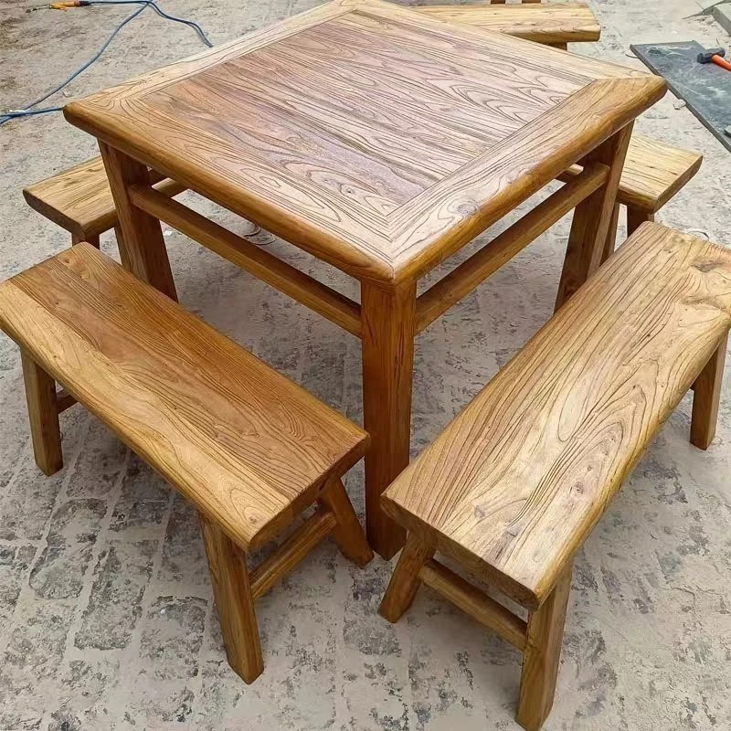 老榆木八仙桌实木餐桌方桌复古茶桌明清仿古书桌庭院家用禅意桌凳