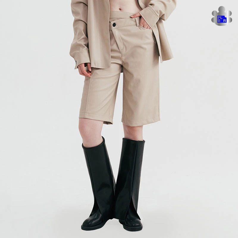 PLBR直筒不规则对称腰头假两件设计立体logo刺绣复古休闲皮质短裤