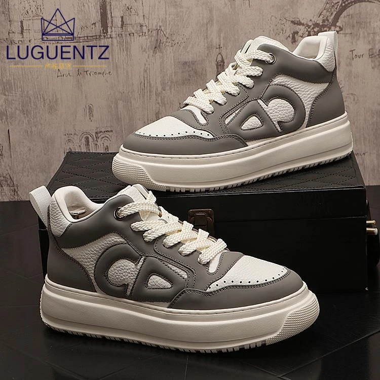 LUGUENTZ高帮板鞋牛皮男轻奢男鞋子2024新品增高小白鞋小众男短靴