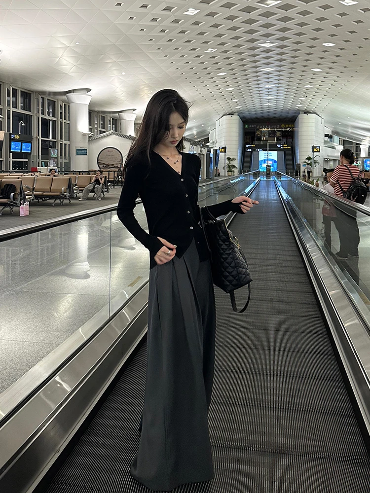 松弛感高腰阔腿西装裤女秋季新款法式小众高腰显瘦拖地长裤