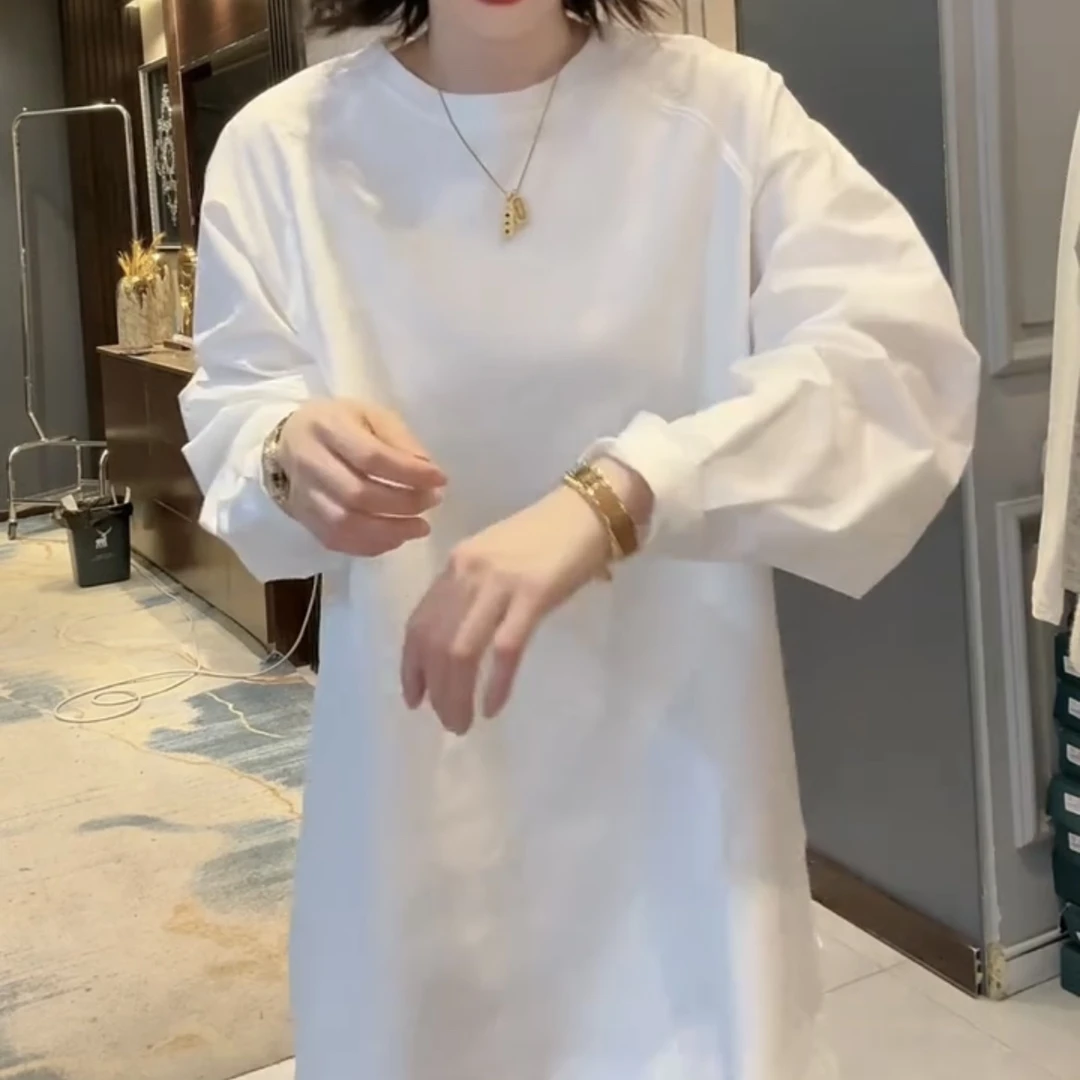 新款时尚百搭宽松白色长袖T恤女中长款内搭打底衫秋冬