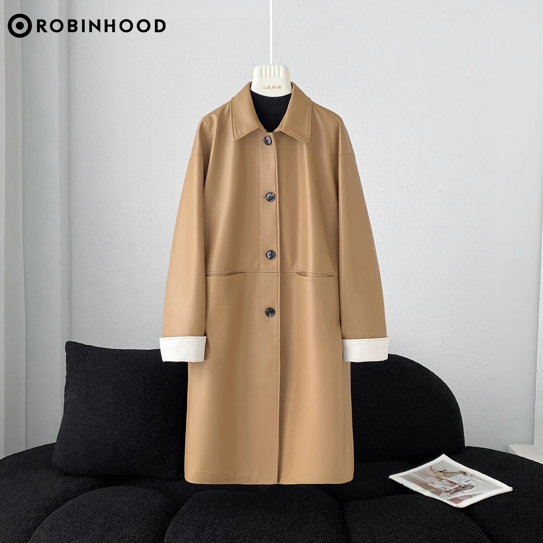 ROBINHOOD/罗宾汉4P2598-1秋冬时尚百搭黑色绵羊皮真皮方领女外套