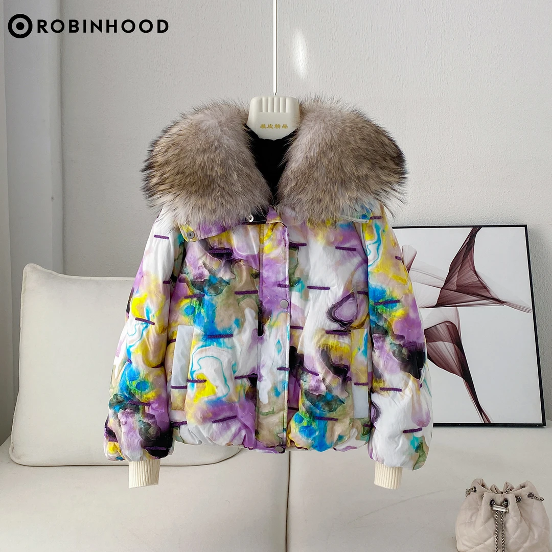 ROBINHOOD/罗宾汉3Y3769秋冬时尚扎染紫色鹅绒羽绒服貉子毛女外套