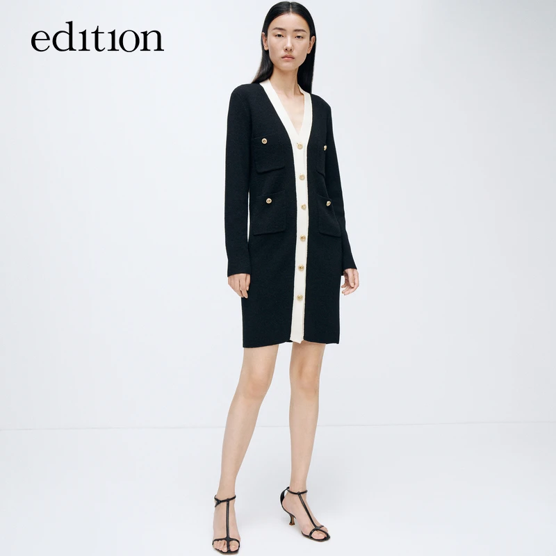 edition复古优雅小香风绵羊毛V领针织连衣裙#EBD1DRST41