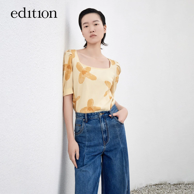 edition含丝提花针织上衣女夏方领短袖#EBB2SWT015