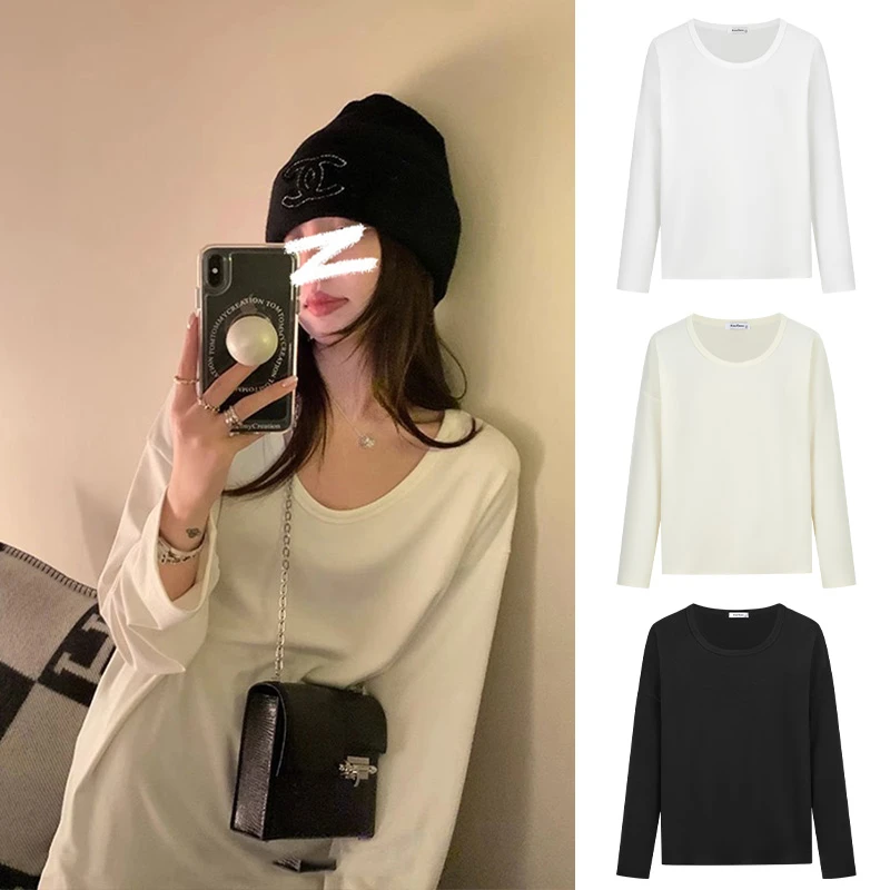 MosesQueen/魔西女王慵懒风白色长袖u领t恤女德绒宽松打底衫上衣