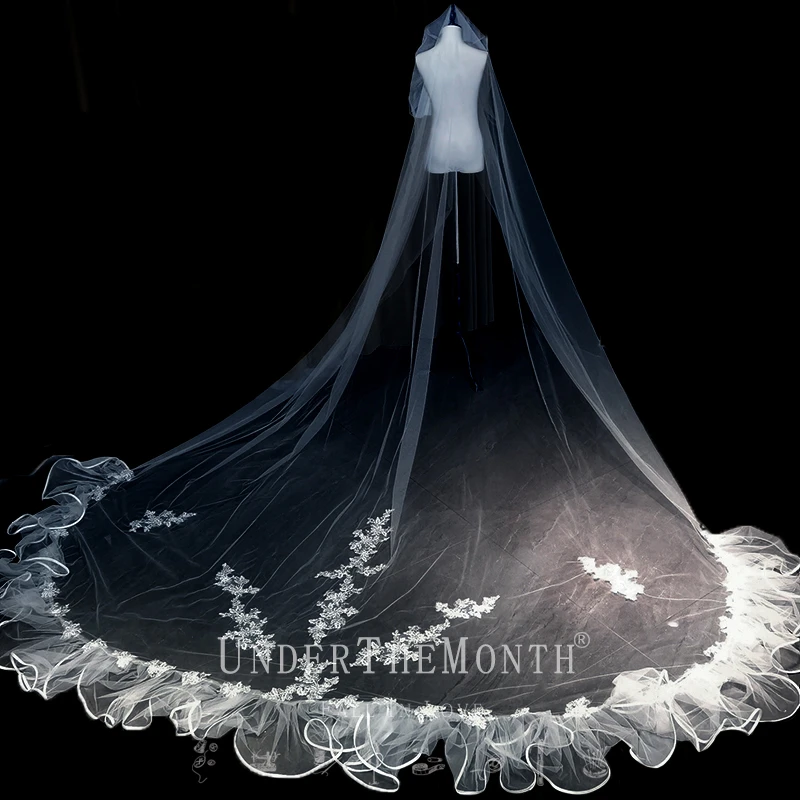 月下相恋重工新娘结婚主婚纱头纱超仙森系长款拖尾蕾丝荷叶边头纱