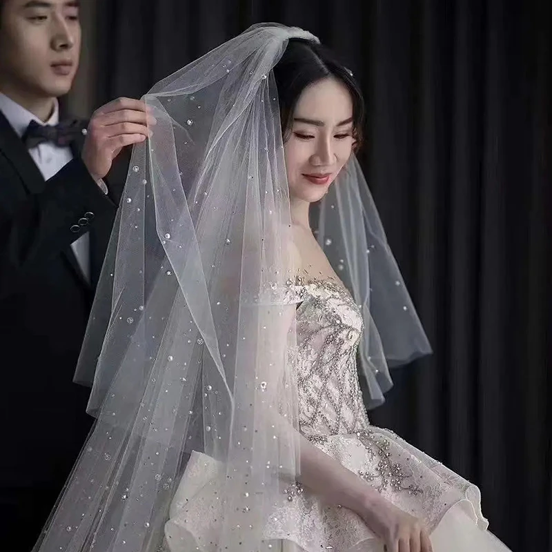 婚礼长款珍珠头纱超仙蕾丝网红拍照道具新娘结婚白色婚纱头纱