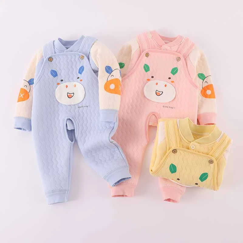 婴儿保暖背带套装秋冬0-12个月宝宝夹棉开衫夹棉上衣开档吊带两件