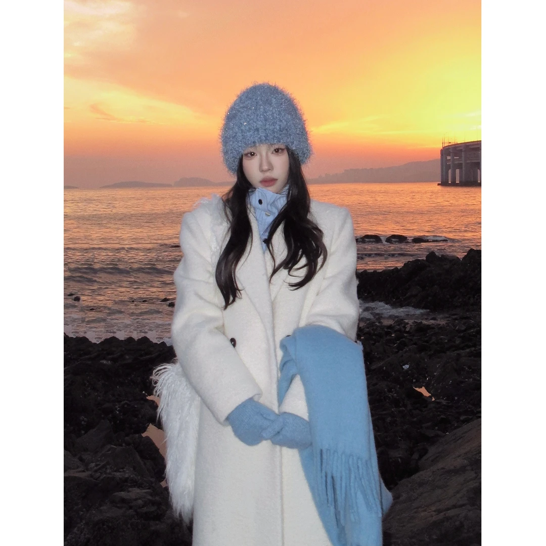 【小野莓】秋冬韩版气质宽松休闲翻领加厚长款呢子大衣外套BD86171