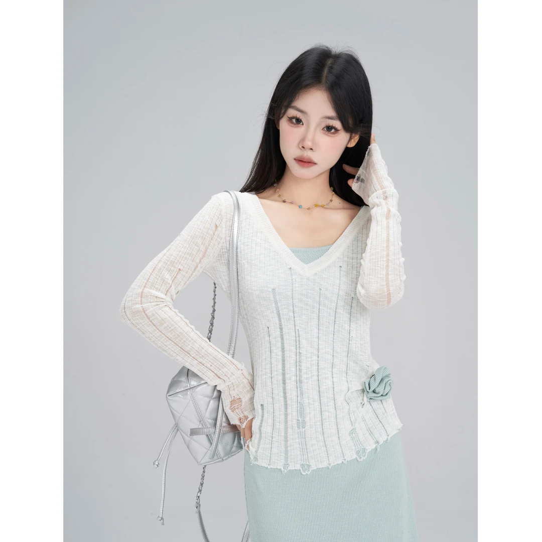 【小野莓】气质百搭清凉遮肉显瘦纯欲镂空套头针织罩衫上衣BB95261