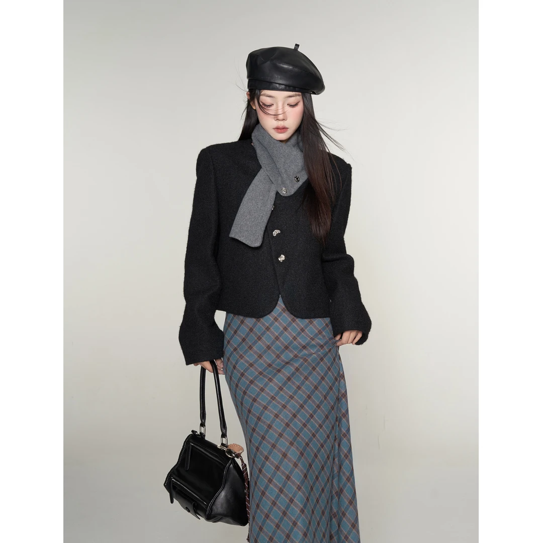 【小野莓】秋冬韩版休闲复古显瘦设计假两件短款呢子短外套BK86324